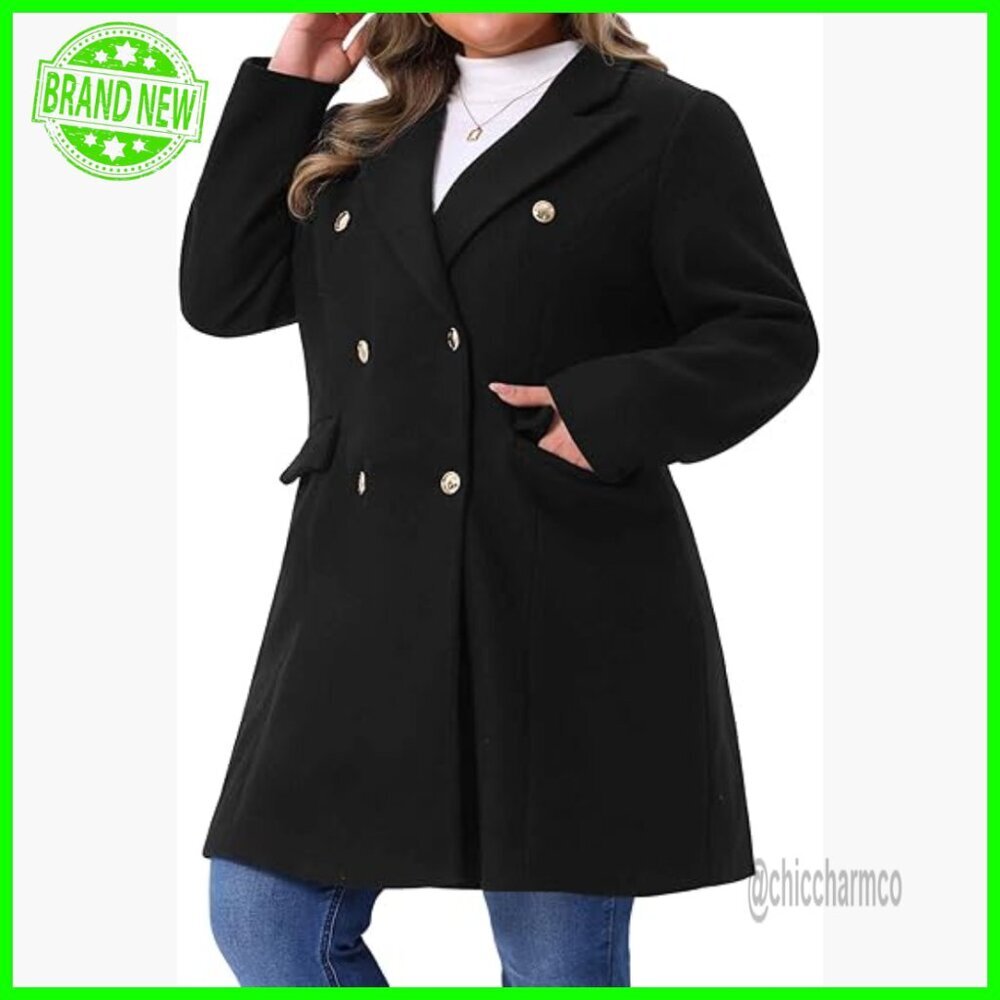 Plus Size Winter Pea Coat Double Breasted Notch Lapel Long Trench Jacket